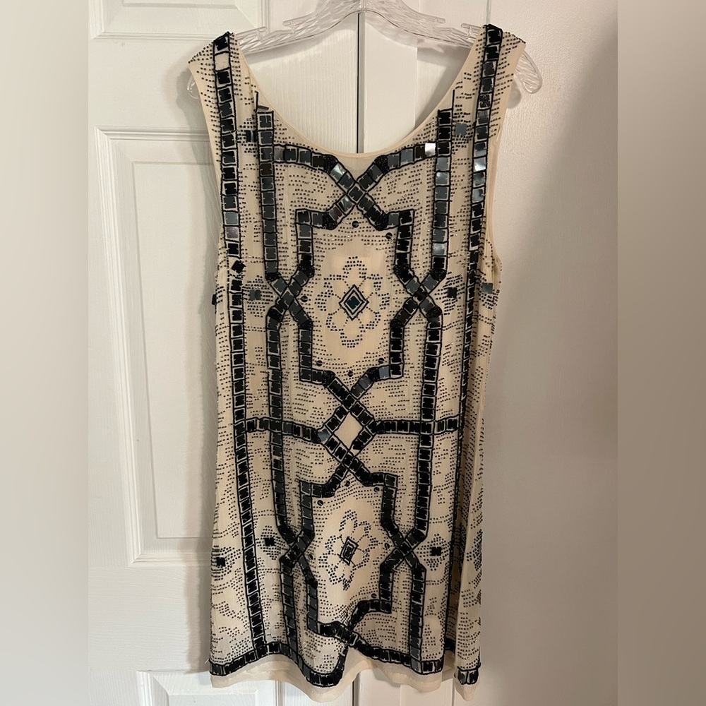 Hand Beaded Geometric Sleeveless Shift Dress - Cream & Black
